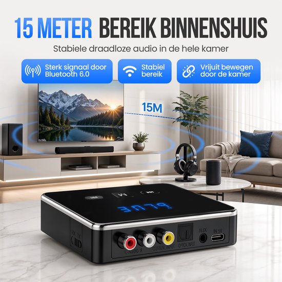 Adaptateur 3-en-1 Strex avec émetteur et récepteur Bluetooth - Émetteur et récepteur audio Bluetooth - Bluetooth 6.0 - AUX/RCA/optique - Sans fil - Portée de 15 mètres