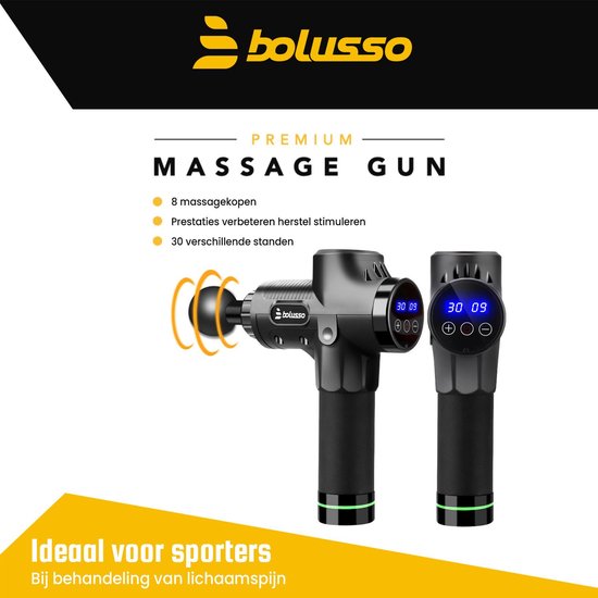 Bolusso Premium Massage Gun - Massage sportif et relaxant - Appareil de massage - 8 embouts - 30 modes - Professionnel - E-book gratuit