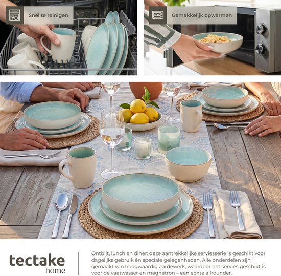 tectake® Service de table Mare - 30 pièces - Grès à émail brillant - Pour 6 personnes - Service de table fait main - Service de table moderne comprenant des grandes et petites assiettes, des bols, des coupelles et des tasses - Lavable au lave-vaisselle et