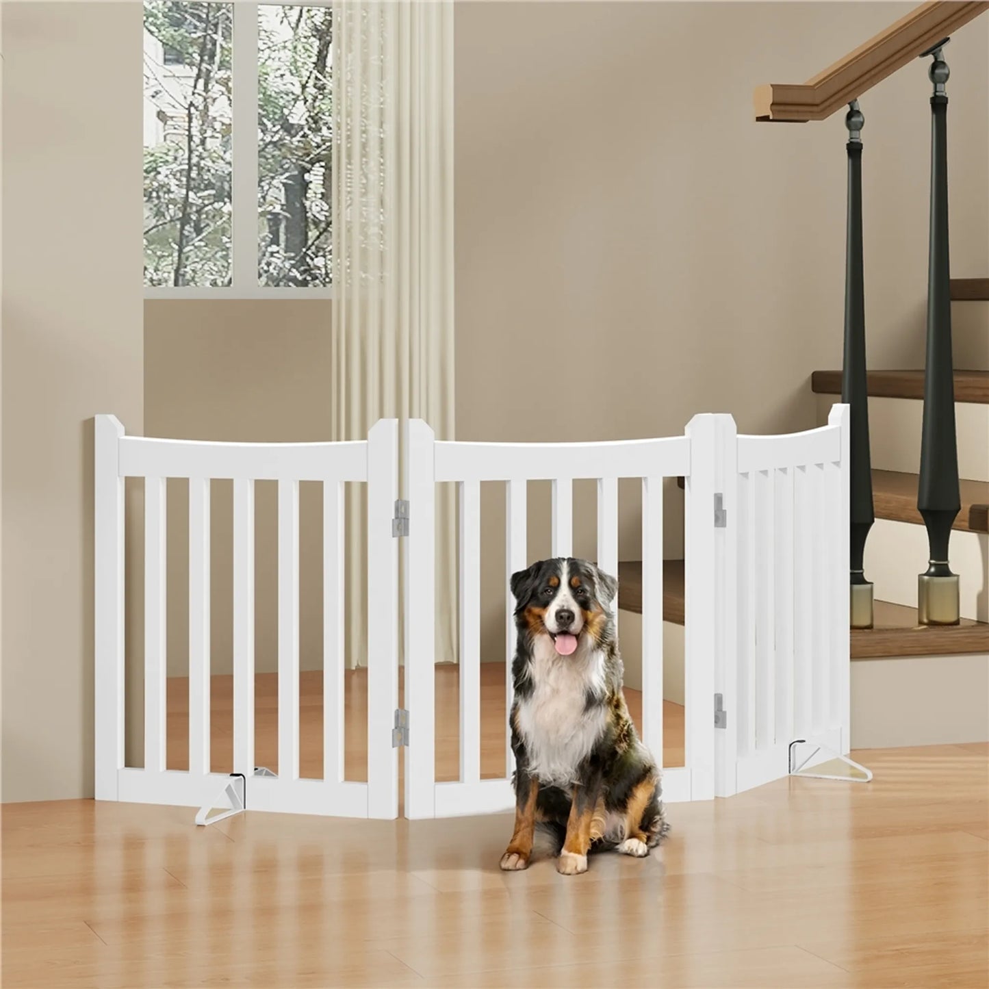 Yaheetech Dog Gate White 3-Piece - Equipée de charnières à 360°, de deux pieds en métal et de capuchons en mousse EVA - Pour les escaliers et la cuisine - MDF blanc et métal - 152 x 60.5 x 2 cm