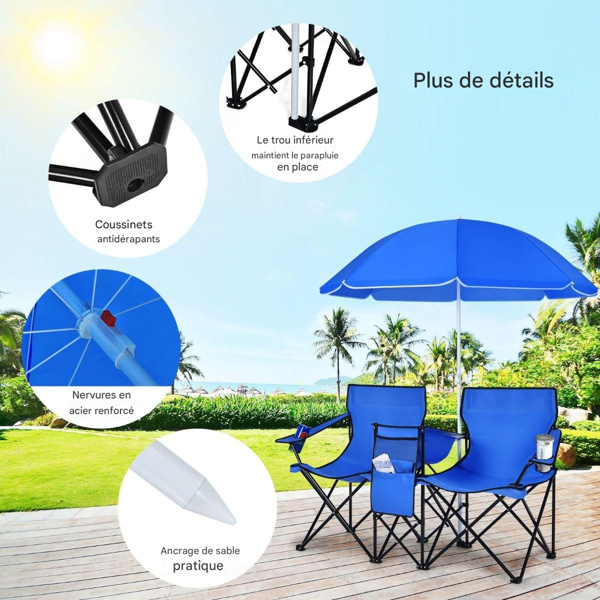 Chaise de camping double pliable Coast, avec parasol, porte-gobelet et sac isotherme, bleu