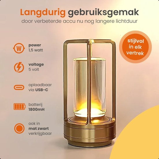 Goliving Lampe de table Rechargeable - Lanterne - Sans fil et dimmable - Lampe tactile moderne - Lampe de nuit pour chambre à coucher - 17.5 cm - Or