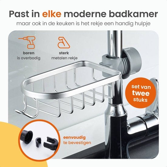 Goliving Support de douche suspendu - Support de douche - Sans perçage - Support de cuisine - Organisateur d'évier - Accessoires de salle de bain - Lot de 2 - Argenté