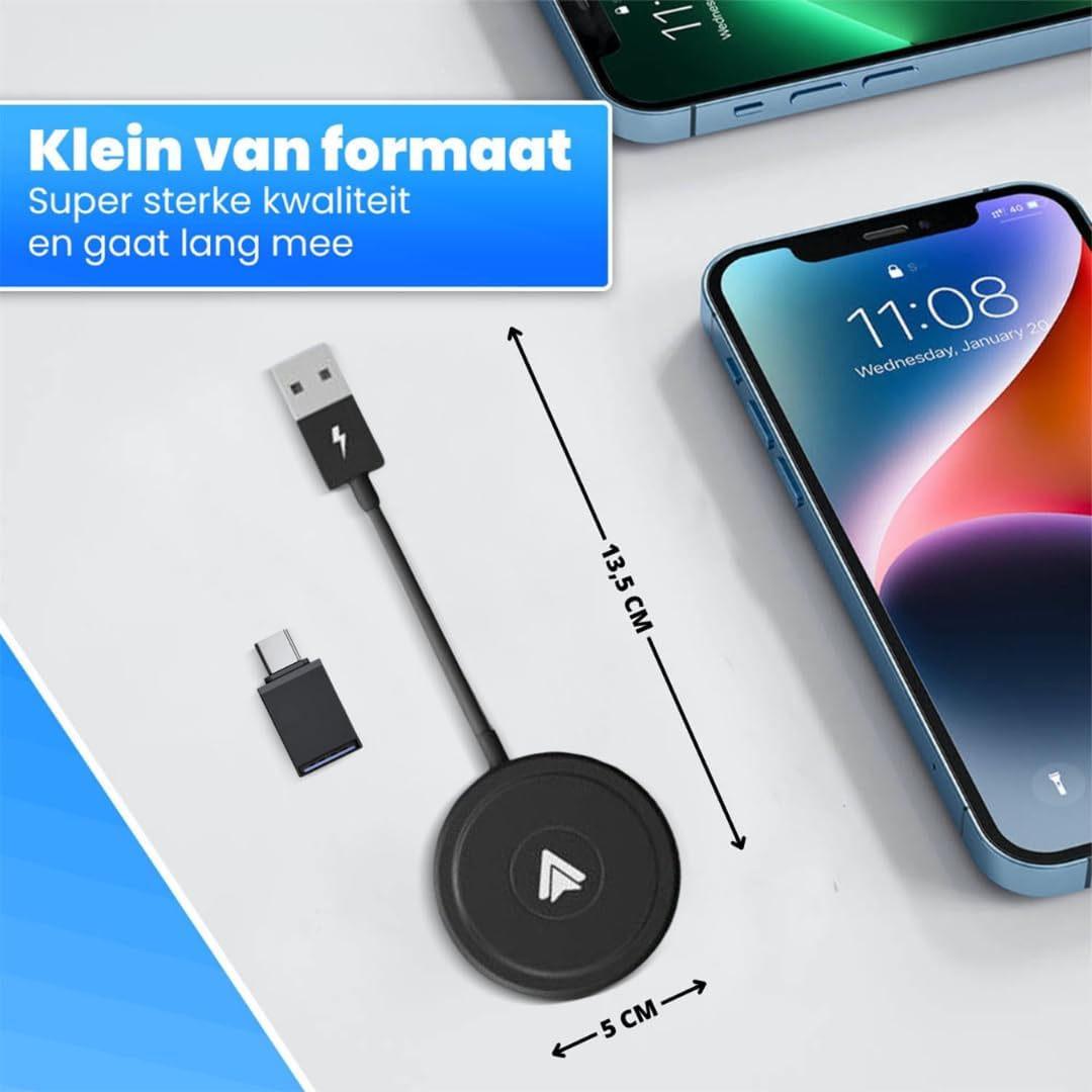 CarMe Luxury Android Auto Dongle - Wireless Android Car - USB-A & USB-C - Connexion 5GHz - Connexion automatique - Design compact - Noir