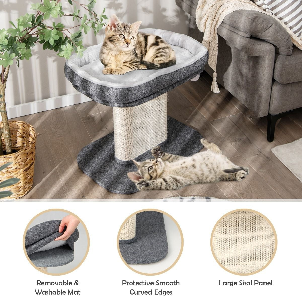 Arbre à griffes Coast Modern Meubles pour chats avec grand fauteuil en peluche et planche à griffes en sisal gris