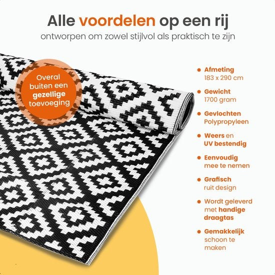 Goliving Tapis d'extérieur Summer Diamond - 183x290CM - Tapis de jardin - Tapis d'extérieur - Tapis - Tapis de jardin - Réversible - Sac de transport inclus - Noir/Blanc