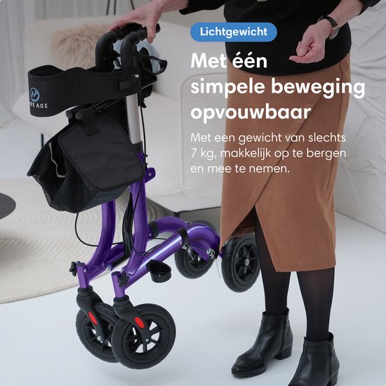 Rollator Safe Age® léger et pliable - Roues en caoutchouc - Siège intégré - Pour l'intérieur et l'extérieur - Dossier et support pour canne - Violet