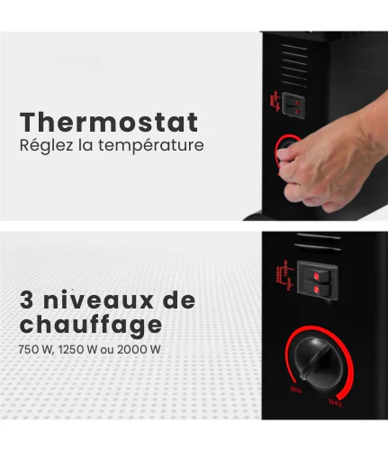 Radiateur Convecteur Électrique Réglable - Auronic - 750/1250/2000 Watts - 3 Niveaux de Chaleur - Thermostat Réglable - 53,5 x 19,6 x 38,5 cm - Noir