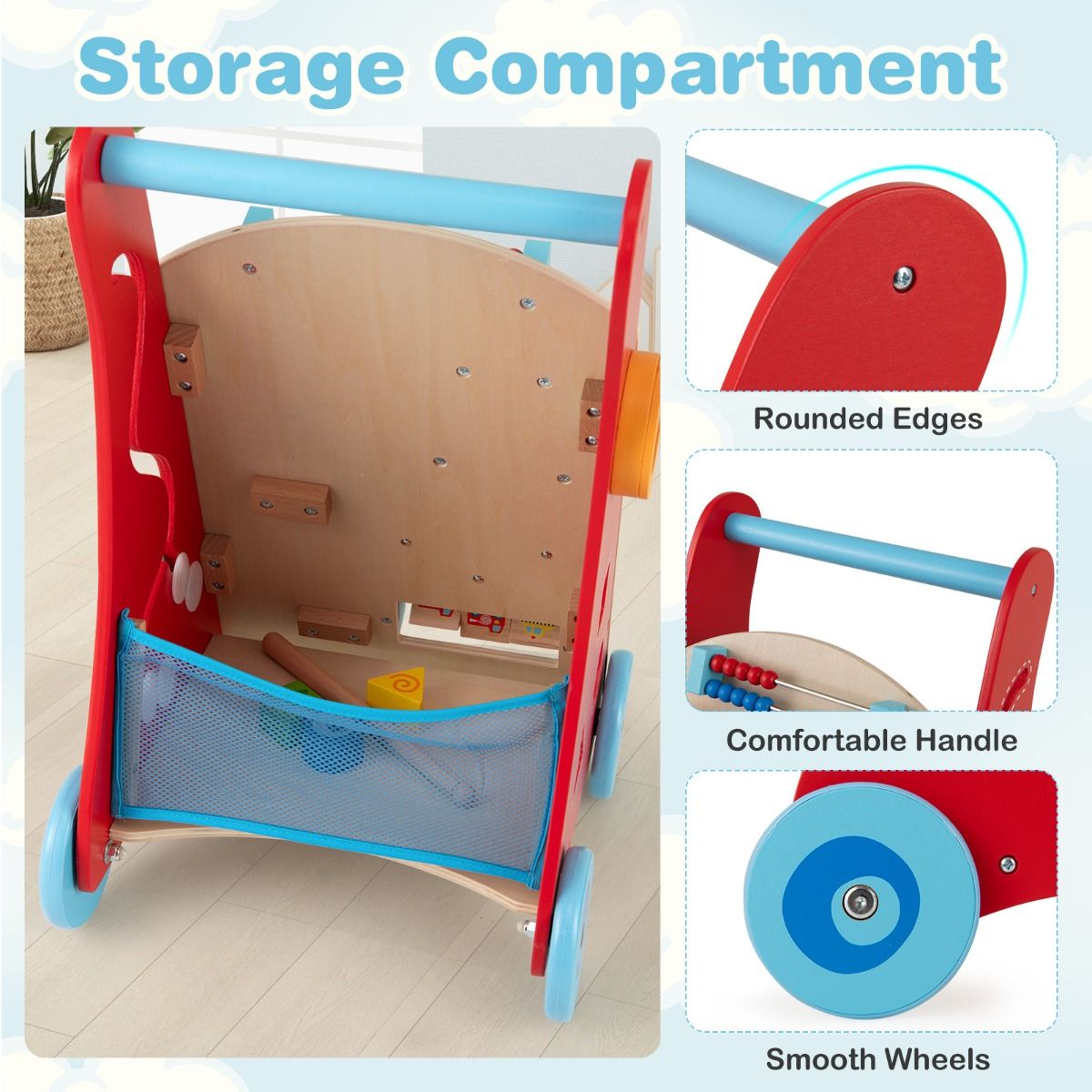 coast trotteur en bois pour enfants 3+ - poussette avec poignée et compartiment de rangement - multicolore - 33x32x51 cm