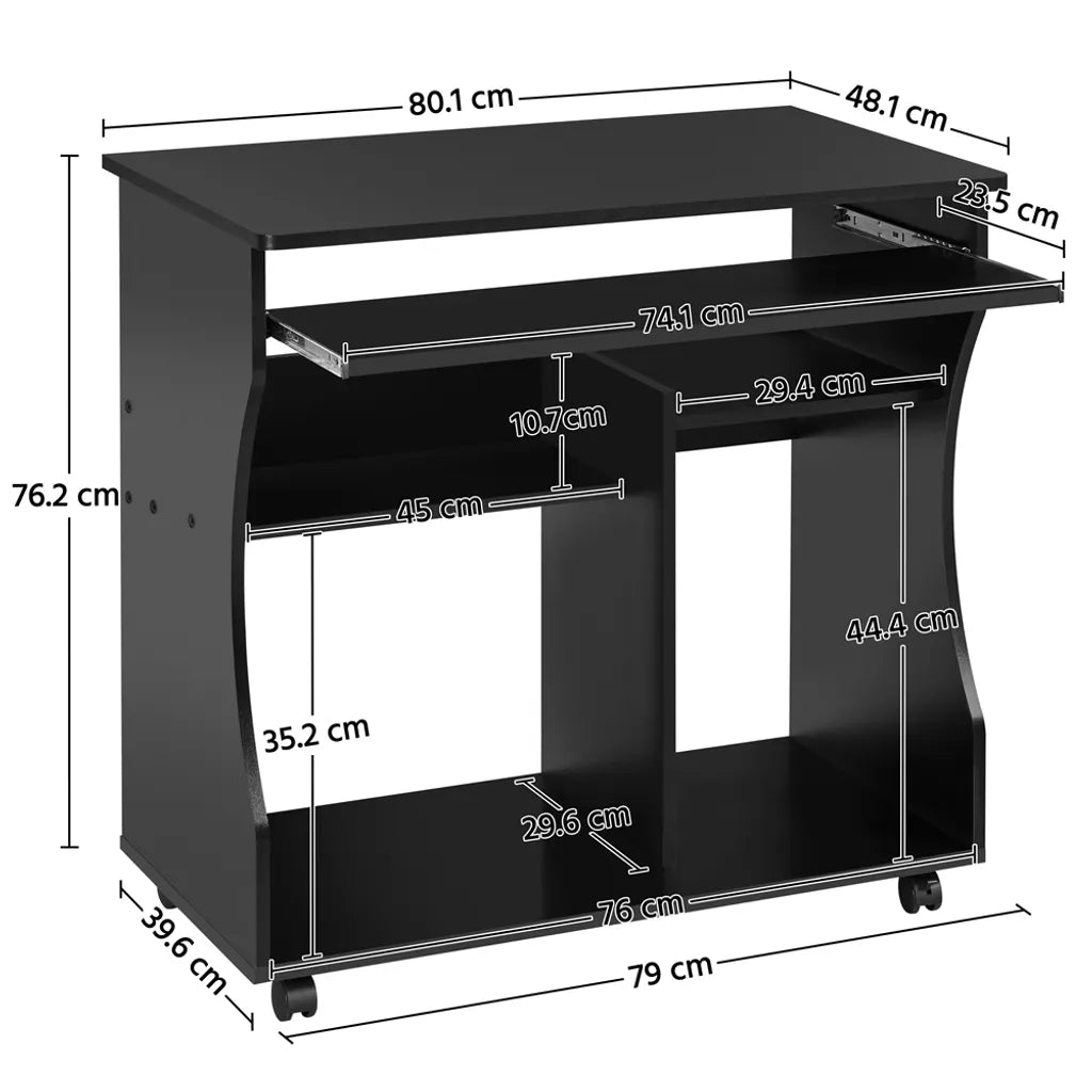 Bureau d'ordinateur Yaheetech avec tiroir pour clavier et roulettes - Noir - 80 x 48 x 76 cm