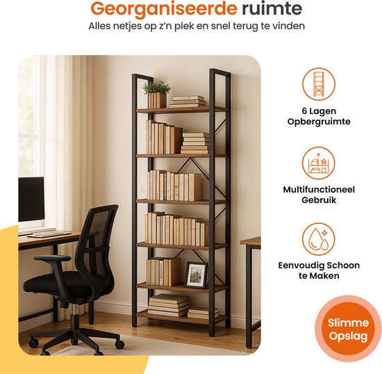 Bibliothèque Goliving - 66 x 30 x 186 cm - 6 niveaux - Meuble de rangement - Meuble mural - Bibliothèque - Meuble d'exposition - Meuble d'étagère - Meuble de salon - Industriel - Marron/Noir