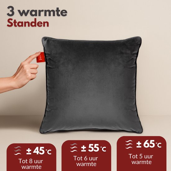 Coozie Rechargeable Heat Pillow - sans fil et filaire - 45-65°C - Velours - 45 x 45 cm - Anthracite Grey - Oreiller électrique - Powerbank incluse - Jusqu'à 8 heures de chaleur