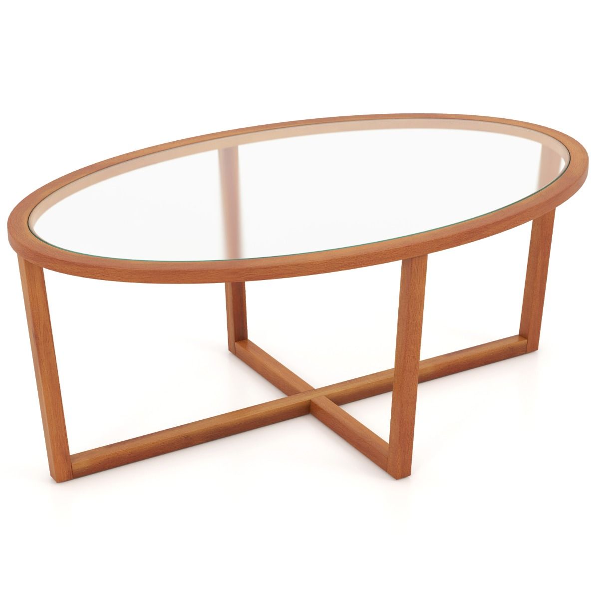 Table basse Coast - verre trempé ovale - piètement en croix en bois d'acacia - marron - 118 x 71,5 x 47,5 cm