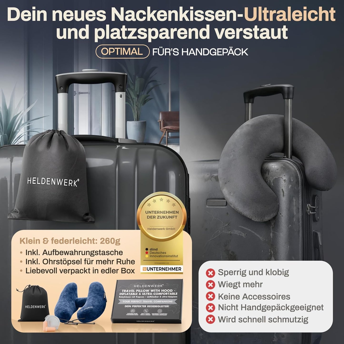Oreiller gonflable pour la nuque Heldenwerk Premium Air - Bleu foncé - Avec capuche et bouchons d'oreille
