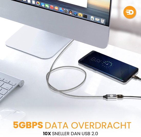 Drivv. Rallonge USB Premium 3.0 - Mâle vers femelle - Câble de données USB - Transfert rapide - 5 Gbps - Nylon - 3 mètres - Gris