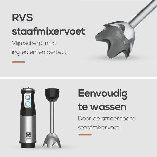 KitchenLove Mixeur plongeant - 800W - 6 vitesses + Turbo - Noir/RVS