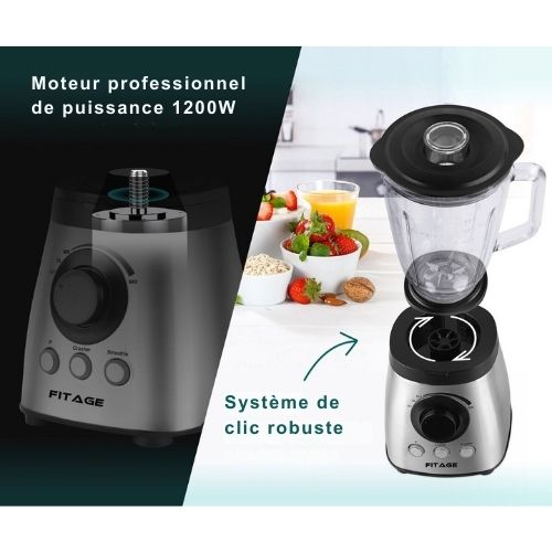 Blender - FITAGE - Blender de cuisine - 1200W et 1.9L - Gris métal