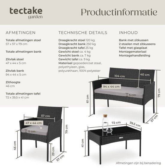 tectake® - Ensemble de jardin en osier Palese - Groupe de sièges pour 4 personnes - Ensemble de meubles de jardin avec banc de salon, table de jardin et 2 chaises de jardin, y compris les coussins d'assise - Meubles de jardin - Résistant à l'eau - Noir