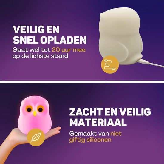 Vulpes Goods® Veilleuse pour enfants - 8 couleurs de LED et blanc - Veilleuse pour chambre de bébé - Hibou - Rechargeable par USB - Variateur - Minuterie - Sans fil - Adapté aux enfants