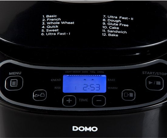 Machine à pain DOMO DO1119B - 12 programmes - 700-1000 g - Programme sans gluten - Noir