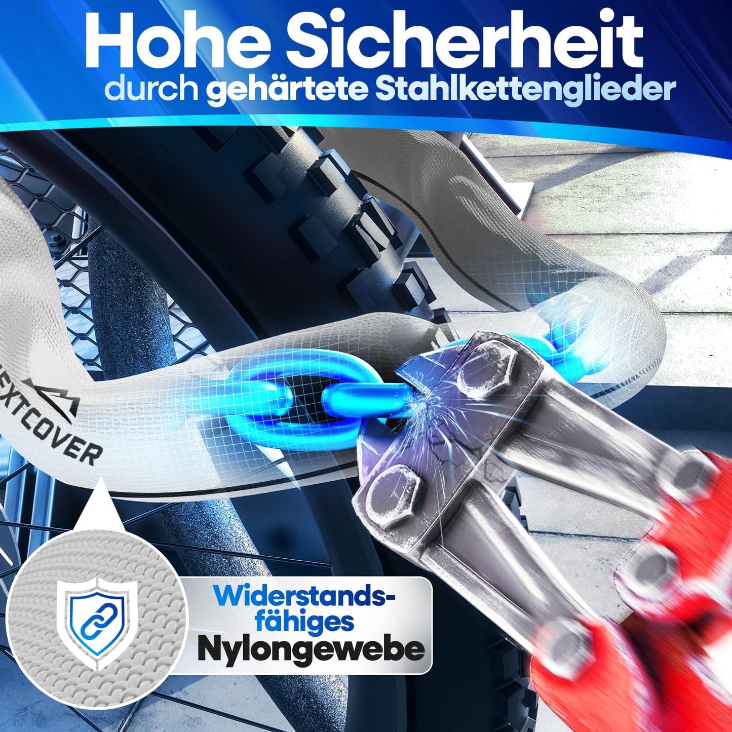 NEXTCOVER® Cadenas à vélo LockOne avec clé I - [SAFE] Cadenas à vélo haute sécurité I cadenas à chaîne robuste et durable I Cadenas à vélo, cadenas à vélo 3 clés