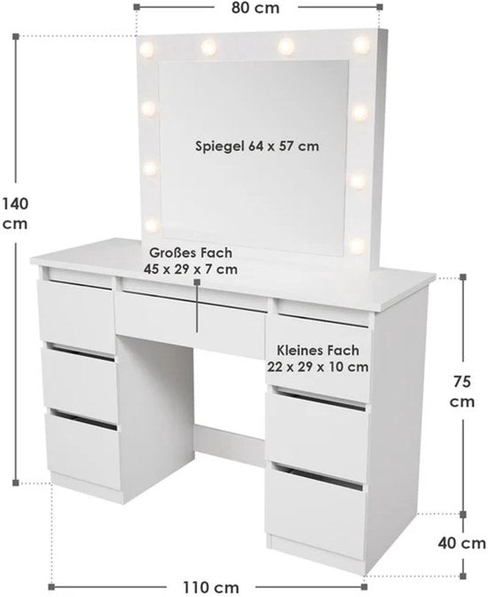 Talea dressing table / Table de maquillage - Miroir et LED inclus - Blanc