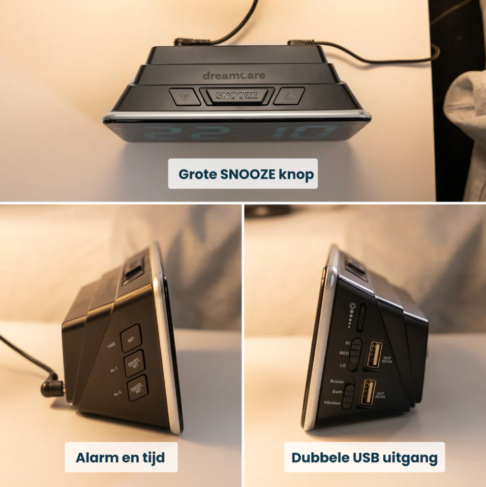 Réveil DreamCare Pulse avec fonction vibration et vibreur de lit – Doté d'un écran entièrement réglable en luminosité, d'une double alarme et d'une fonction snooze – Pour les gros dormeurs et les malentendants – Plastique noir – Câble de 180 cm