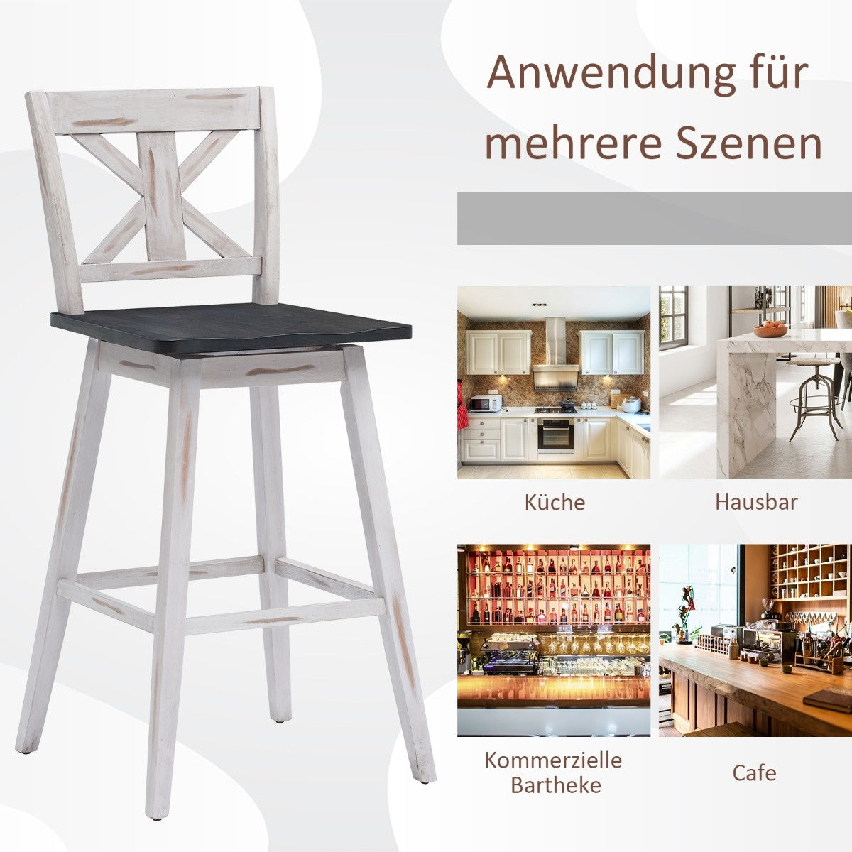 Coast Bar Stool 2 Set Vintage Bar -chairs with 360° rotating seat and non-slip coating 73,5 cm white