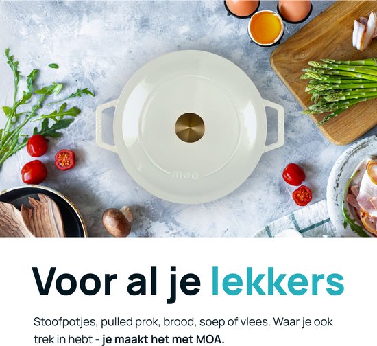 MOA Casserole en fonte - 5,7L - Pour toutes les sources de chaleur y compris l'induction - Avec couvercle - Ø 26cm - Revêtement antiadhésif - Blanc