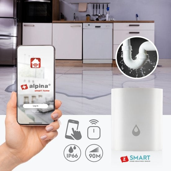 alpina Smart Home - Détecteur d'eau intelligent - Détection de fuites - Distance de détection de 90 m - Étanchéité IP66 - Capteur de fuites