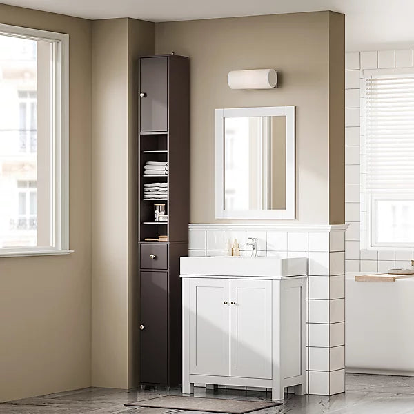 SoBuy Meuble de salle de bain haut et étroit - Meuble de rangement compact avec 6 étagères réglables et un tiroir - 20x20x180 cm - Marron