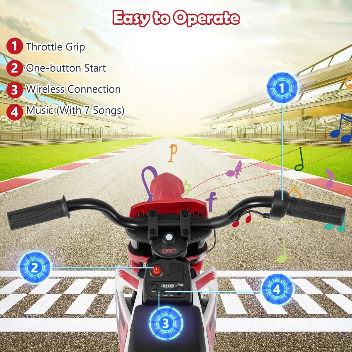 Moto électrique pour enfants Coast - musique et Bluetooth - roues d'appui - rouge
