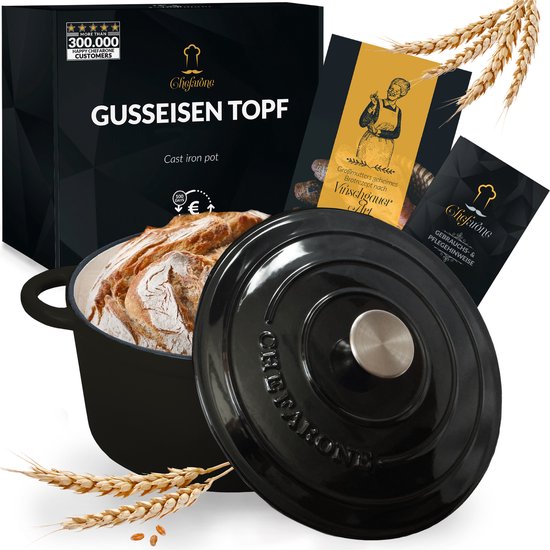 Casserole en fonte Chefarone 3,5 L - Sans PFAS - Avec couvercle - Compatible avec toutes les sources de chaleur - Émaillée noire