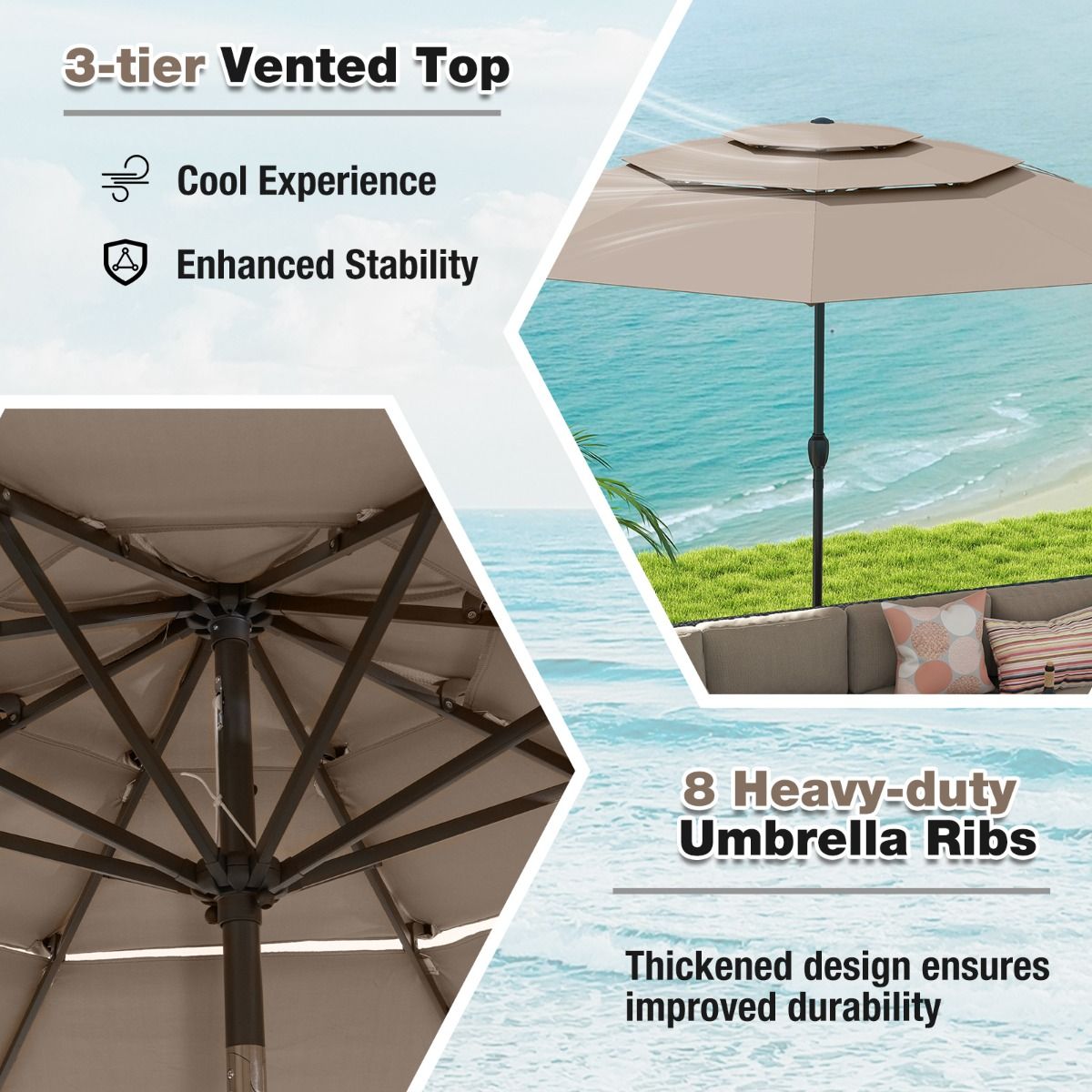 Parasol de table Coast Light Brown 300 cm - Parasol 3 couches avec mécanisme d'inclinaison et manivelle - Parasol de jardin avec 8 baleines et toile ventilée