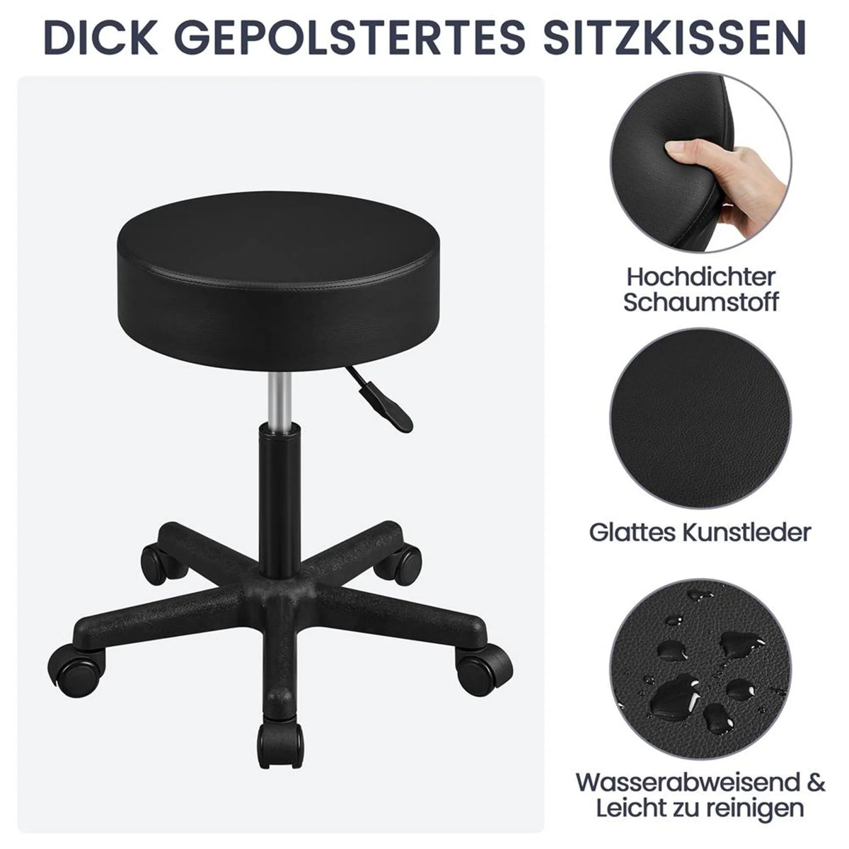 Yaheetech Tabouret de bar réglable en hauteur - équipé d'un coussin de siège de 10 cm d'épaisseur et d'une base pivotante à 360° avec roues - pour bureau, studio et îlot de cuisine - cuir noir et métal - 50 x 50 x 46 - 61,5 cm