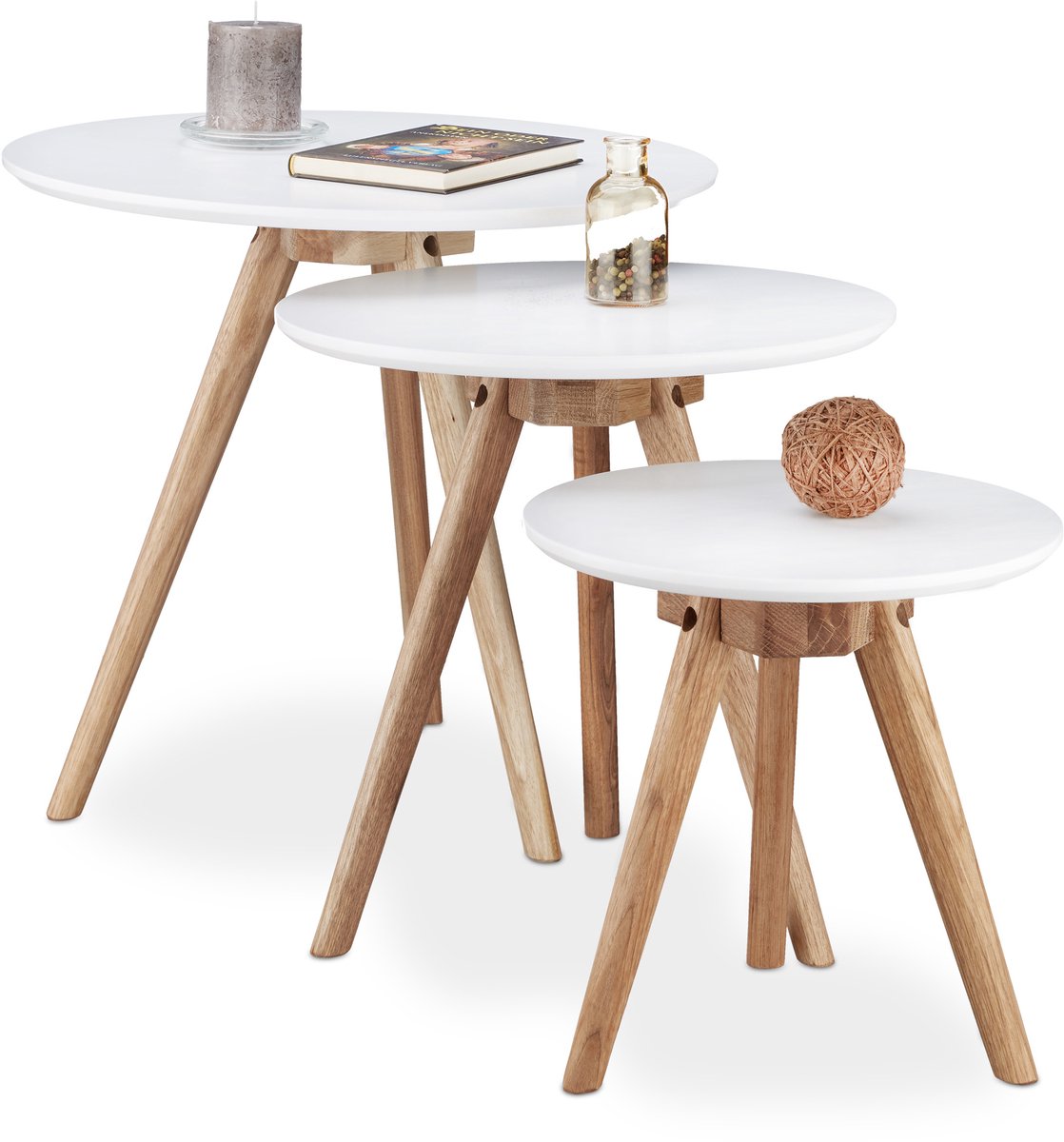 Ensemble de 3 tables d'appoint WOLTU Blanc/Noyer - 50, 40 et 32 cm - Rondes - Emboîtables