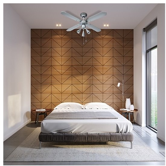 Bestron Ventilateur de plafond avec éclairage, 3 vitesses et très grande portée de Ø102cm, incl. fonction été/hiver, 3 x GU10 LED, 50Watt, DLHB42S, couleur : argent/bleu