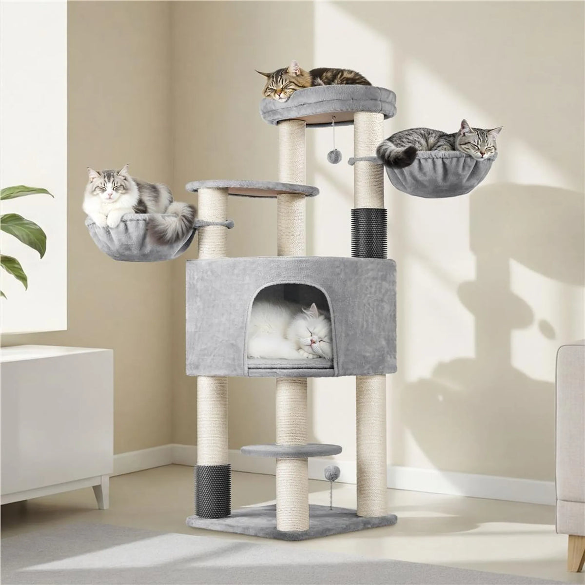 Arbre à chat Yaheetech, 160 cm de haut - tiges en sisal de ⌀11 cm, plateformes et niches pour chats - gris clair et beige