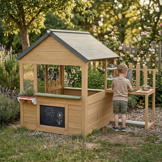Maisonnette AXI Lizz marron/anthracite – Maisonnette en bois avec coin cuisine, tableau noir, miroir, pots de fleurs et accessoires – Bois certifié FSC – Maisonnette de jardin pour enfants – Garantie 10 ans