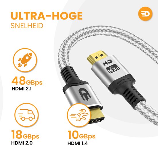 Câble HDMI 2.1 - Ultra HD High Speed - HDMI vers HDMI - Convient à Xbox Series X & PS5 - 1 mètre - Nylon - Blanc argenté