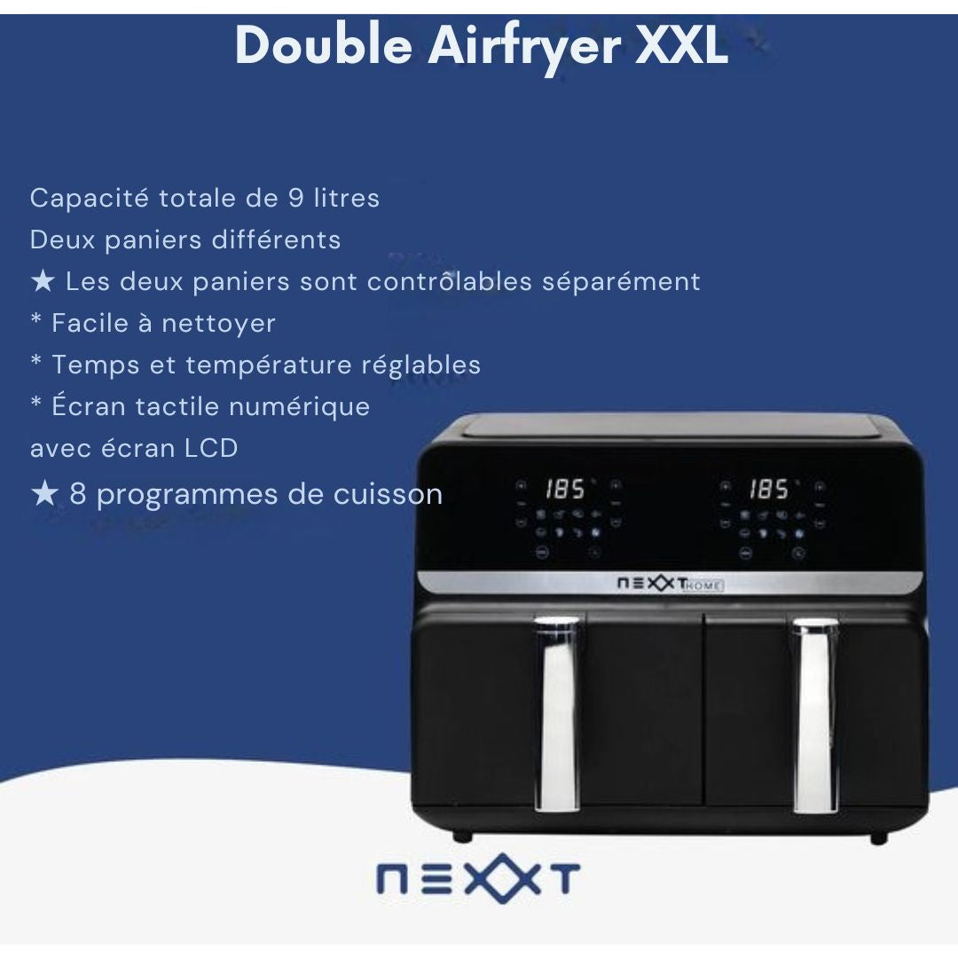 Double Airfryer XXL Nexxt Digital - Friteuse à air chaud avec écran tactile - Capacité 5,5 + 3,5 litres - 8 programmes de cuisson - Noir