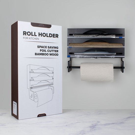 Nimma Roll Holder - Porte-rouleau de cuisine et porte-feuille en 1 - Système de suspension et coupe-feuille inclus - Convient pour 3 rouleaux de papier d'aluminium - Bambou - Noir