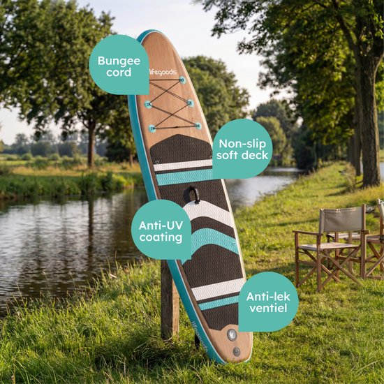 LifeGoods PaddlePro SUP Board - with Seat - Inflatable Paddle Board - Complete Set - Max. 150KG - 320x81cm - Bois/Bleu