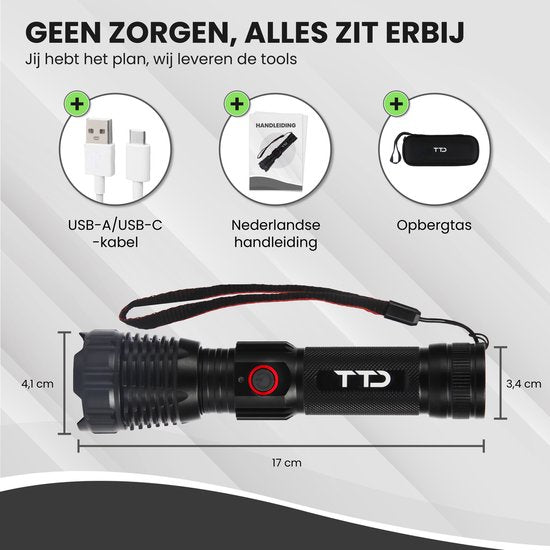 TTD® Military Flashlight LED Rechargeable - Technologie LEP - IP65 Waterproof - 1100 Lumens - 7 Hour Battery - Zoom Function - Powerbank Function - USB Rechargeable
