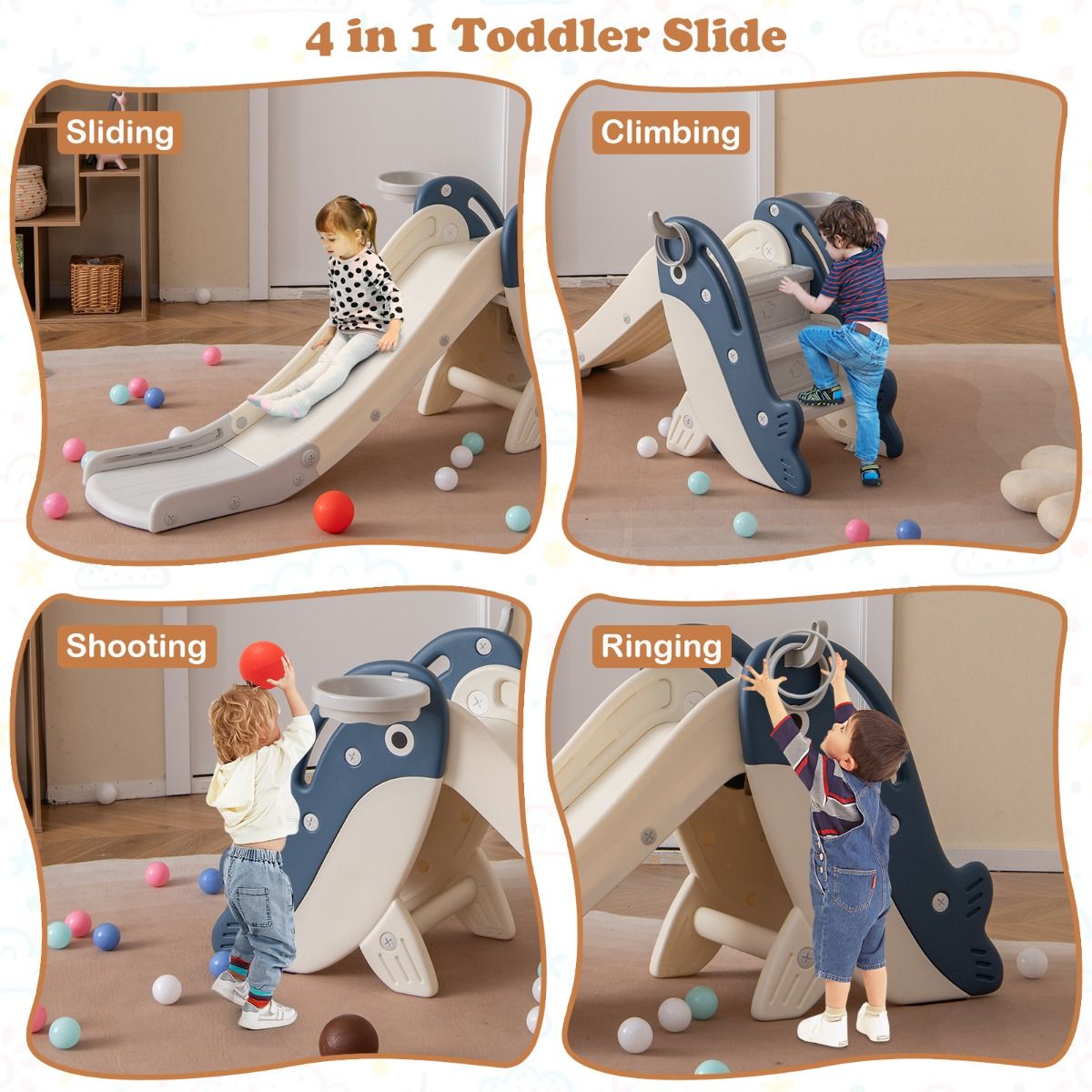 Toboggan pour enfants Coast avec panier de basket et jeu de lancer d'anneaux - Ensemble de jeu pliable - Motif baleine - Bleu