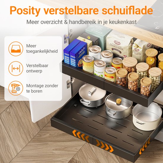 Posity Tiroir coulissant - Organisateur de meuble de cuisine - Organisateur de meuble/tiroir d'évier - tiroir intérieur de cuisine - Extensible et ajustable (32-52 cm) - Télescopique - Noir
