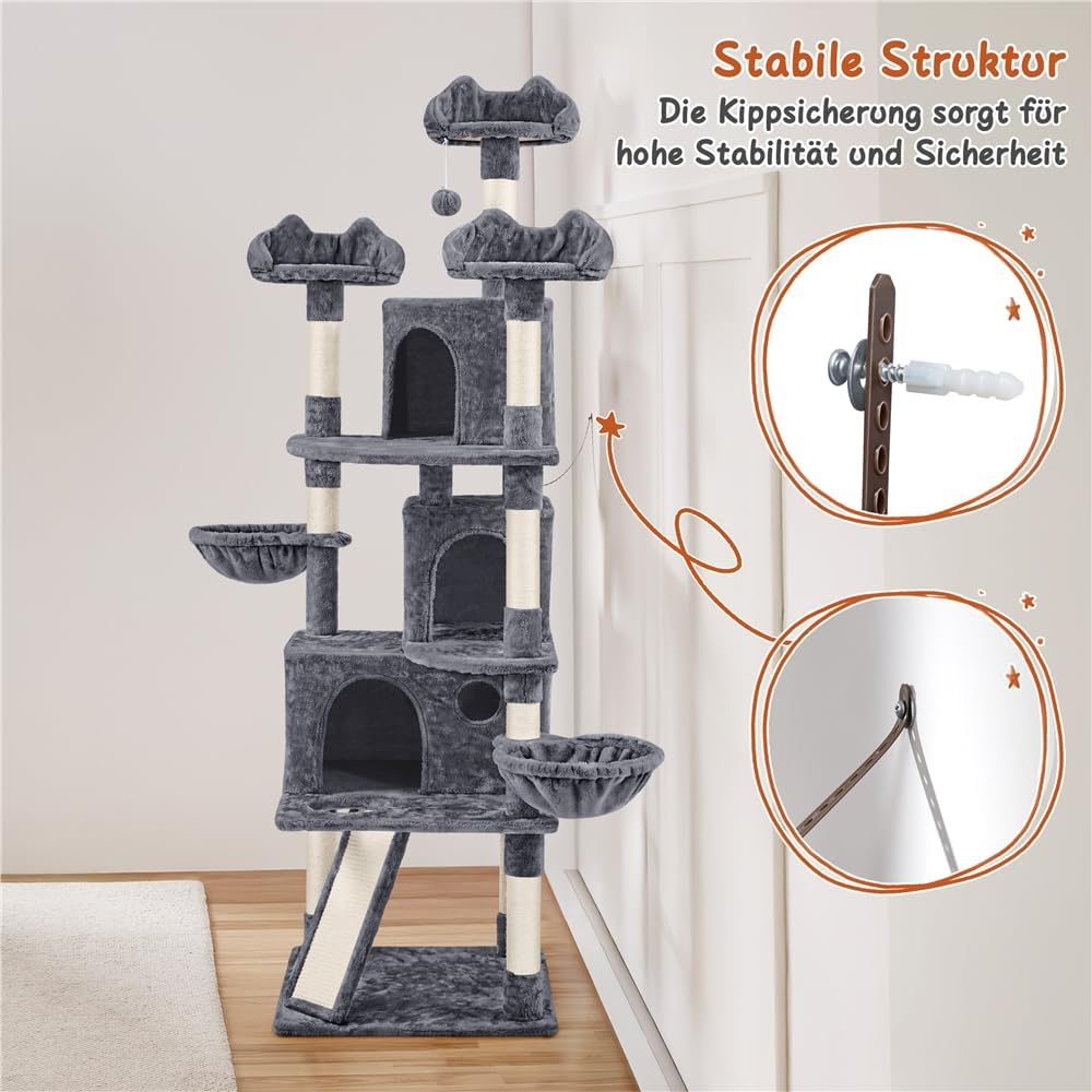 Arbre à chat Yaheetech - 3 maisonnettes pour chats - 194 cm de haut - gris foncé