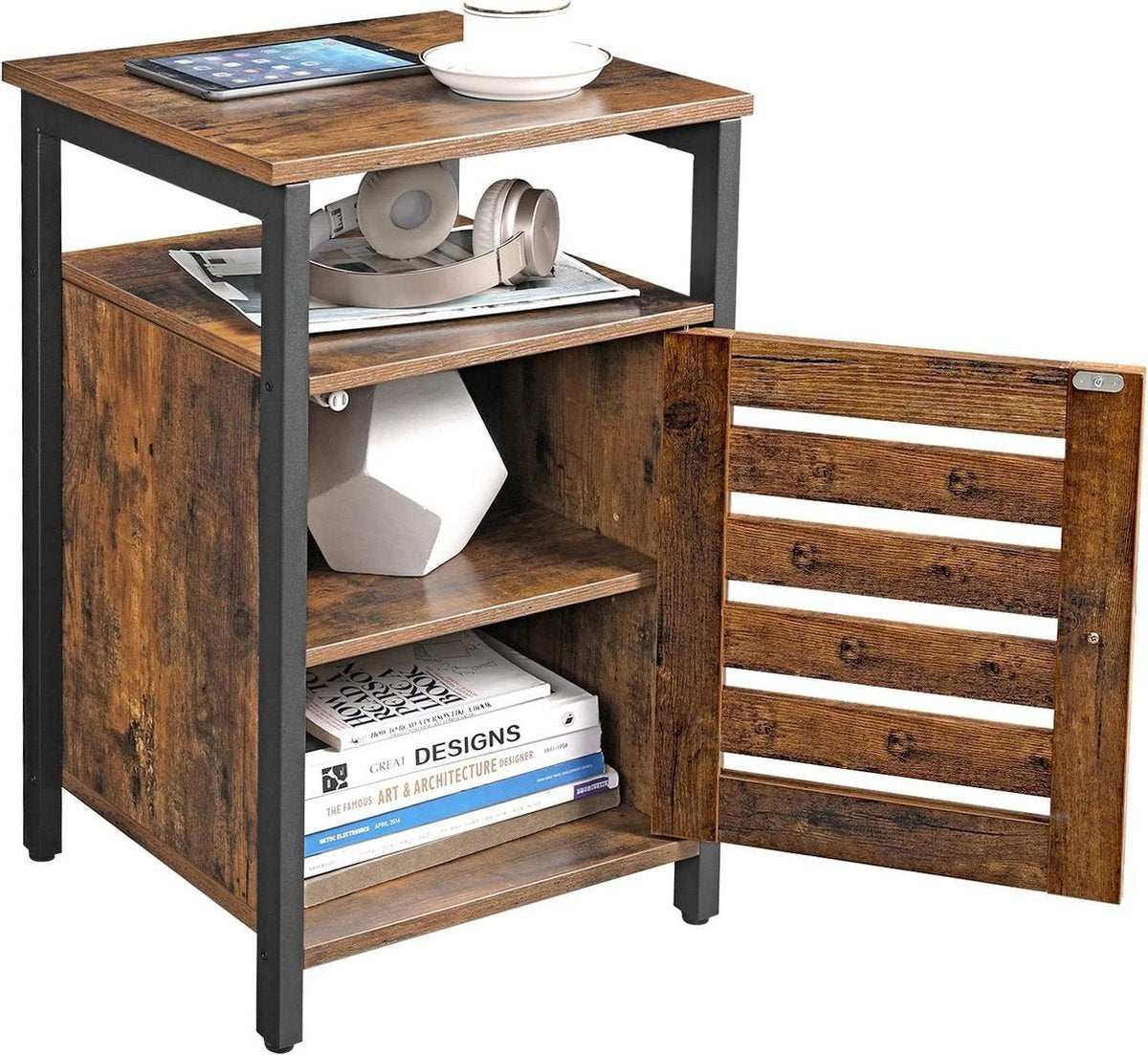 O'DADDY® Nachtkastjes industrieel - bijzettafel - nachtkastje met deur en planken - 40 x 40 x 60 cm - bruin