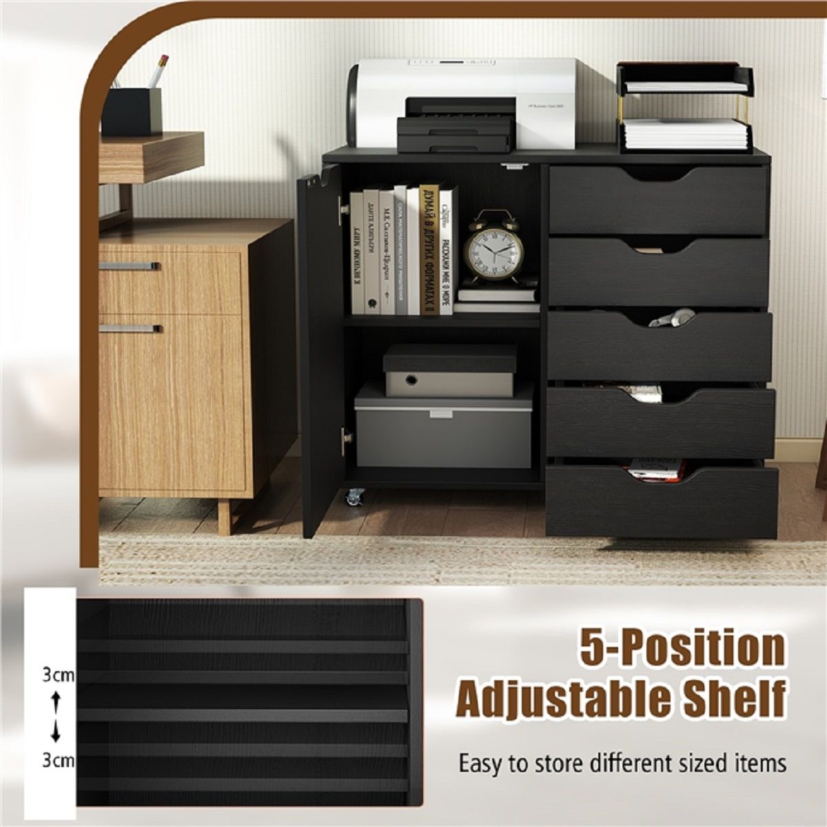 Coast : caisson à roulettes à 5 tiroirs - Armoire à porte - Plan de travail - Noir - 79 x 39 x 65 cm