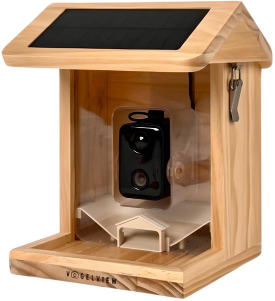 Vogelview - Mangeoire pour oiseaux - Mangeoire équipée d'une caméra - En bois - Reconnaissance des oiseaux par IA - 1080 HD - Audio - Avec panneau solaire